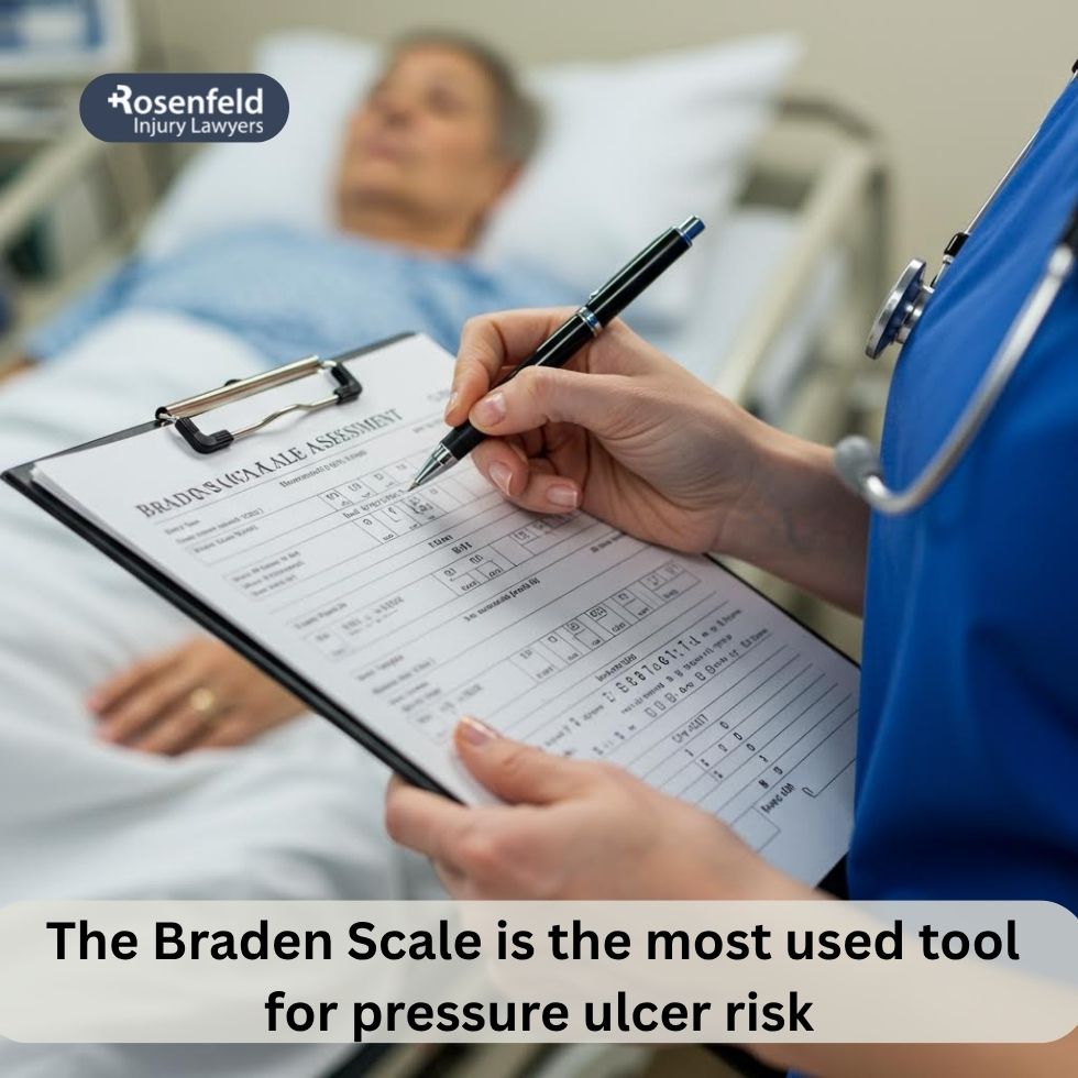 Close-up of a healthcare provider scoring a patient using the Braden Scale.
