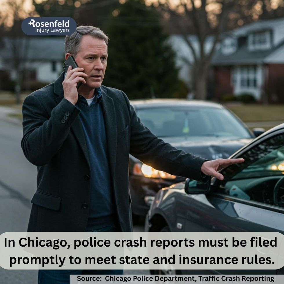 Police officer writing a police report at the scene of a car accident in Chicago.