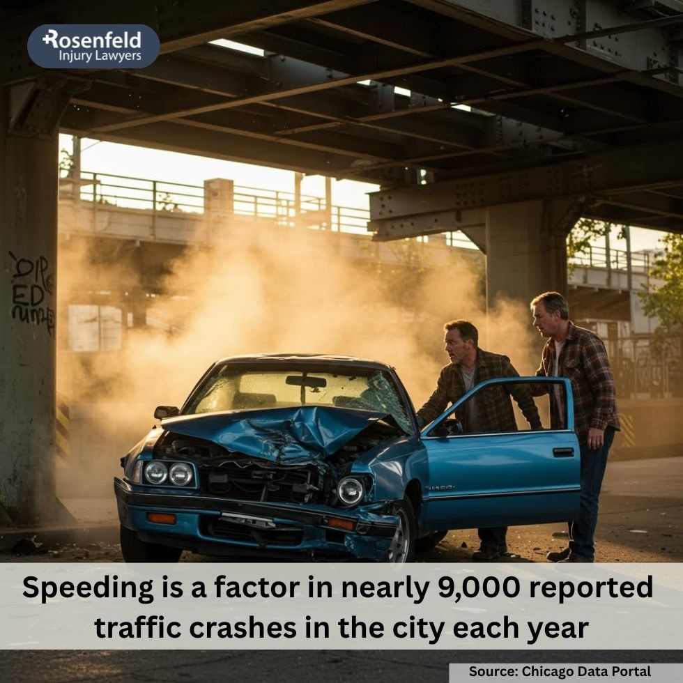 Damaged vehicle from a speeding driver crash in Chicago.