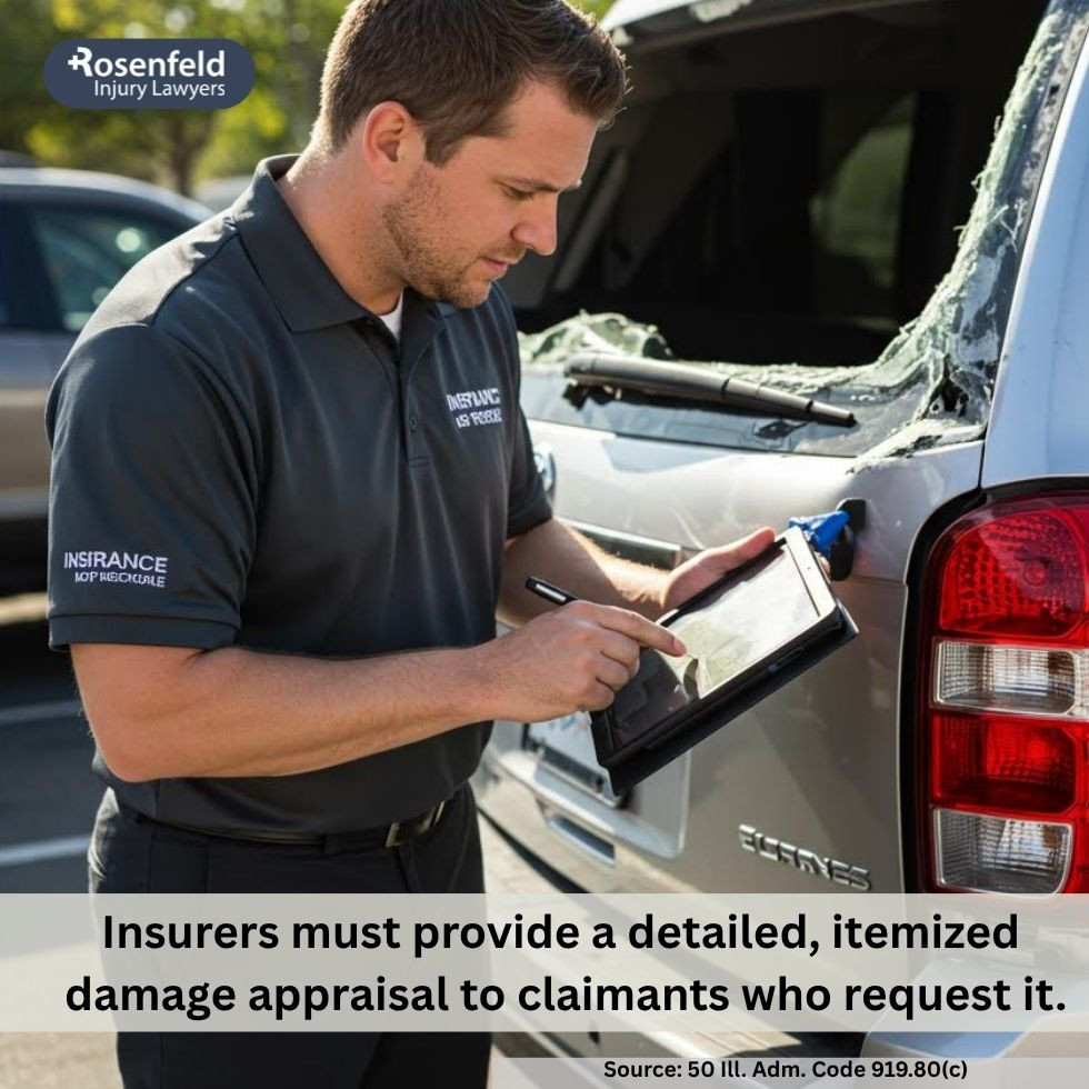 Chicago lawyer reviewing car accident damage assessment and repair costs with client.