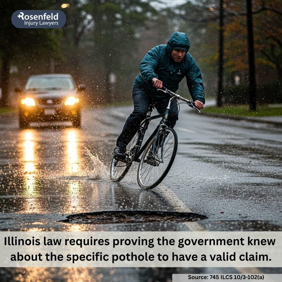 A Chicago bicycle accident lawyer helping a cyclist injured after hitting a pothole.