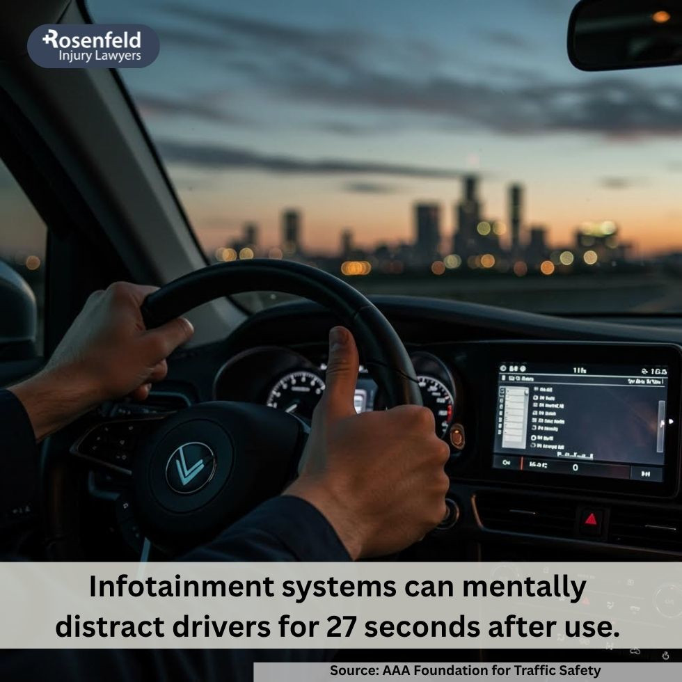 Driver distracted by phone and in-vehicle tech causing an accident.