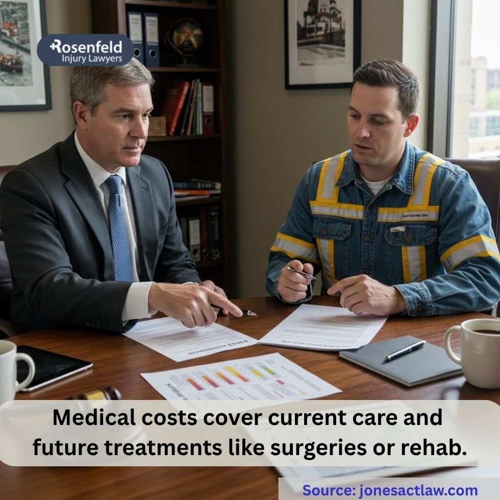 Breakdown of Jones Act settlement categories including lost wages and future medical costs
