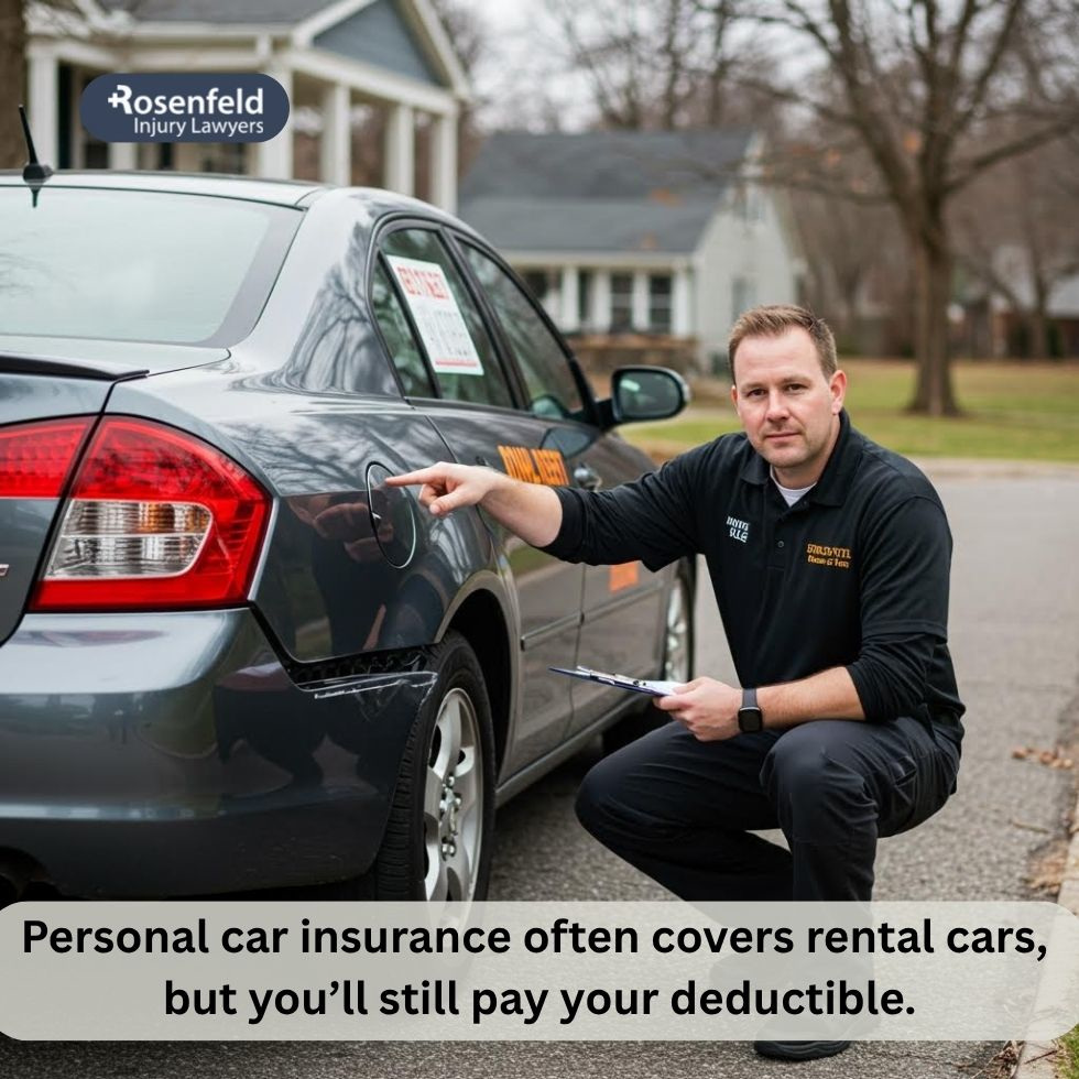 Rental agency employee helping a customer file a crash report after an accident.