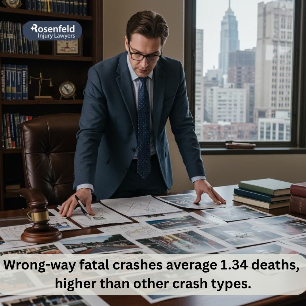 Attorney analyzing crash scene photos from a wrong-way driving accident.