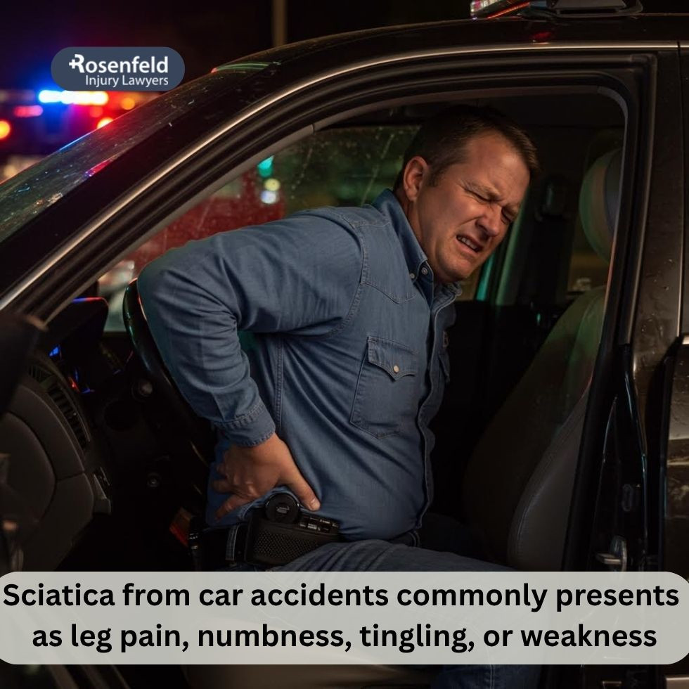Personal injury law firm handling a back injury and sciatica case after a car crash.
