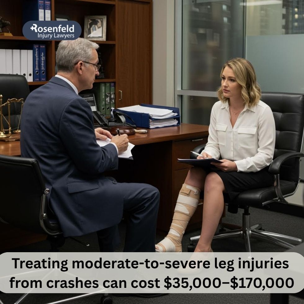 Chicago lawyer consulting an accident victim suffering leg pain after a car crash.