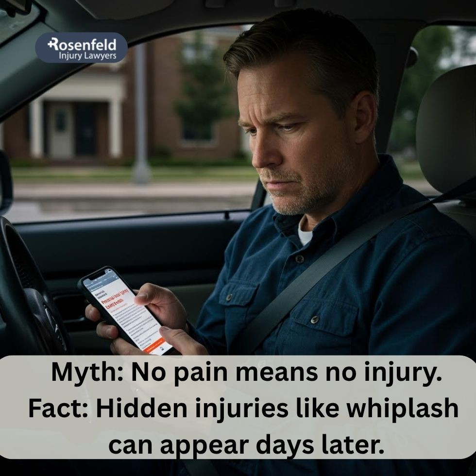 Driver reading facts that debunk personal injury myths after a car accident.