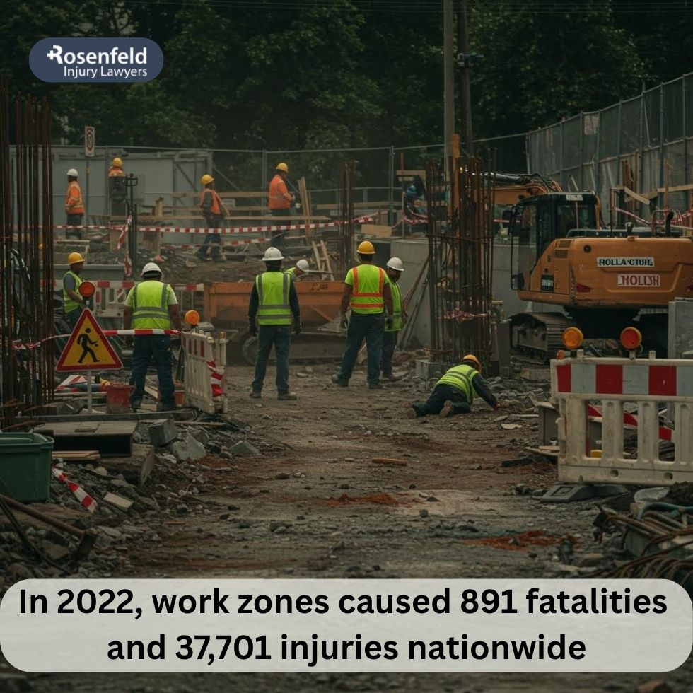 Construction workers exposed to injury risks in a poorly marked work zone.