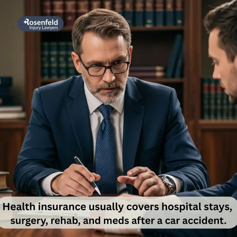 Lawyer explaining how health insurance applies to injuries from a car accident.
