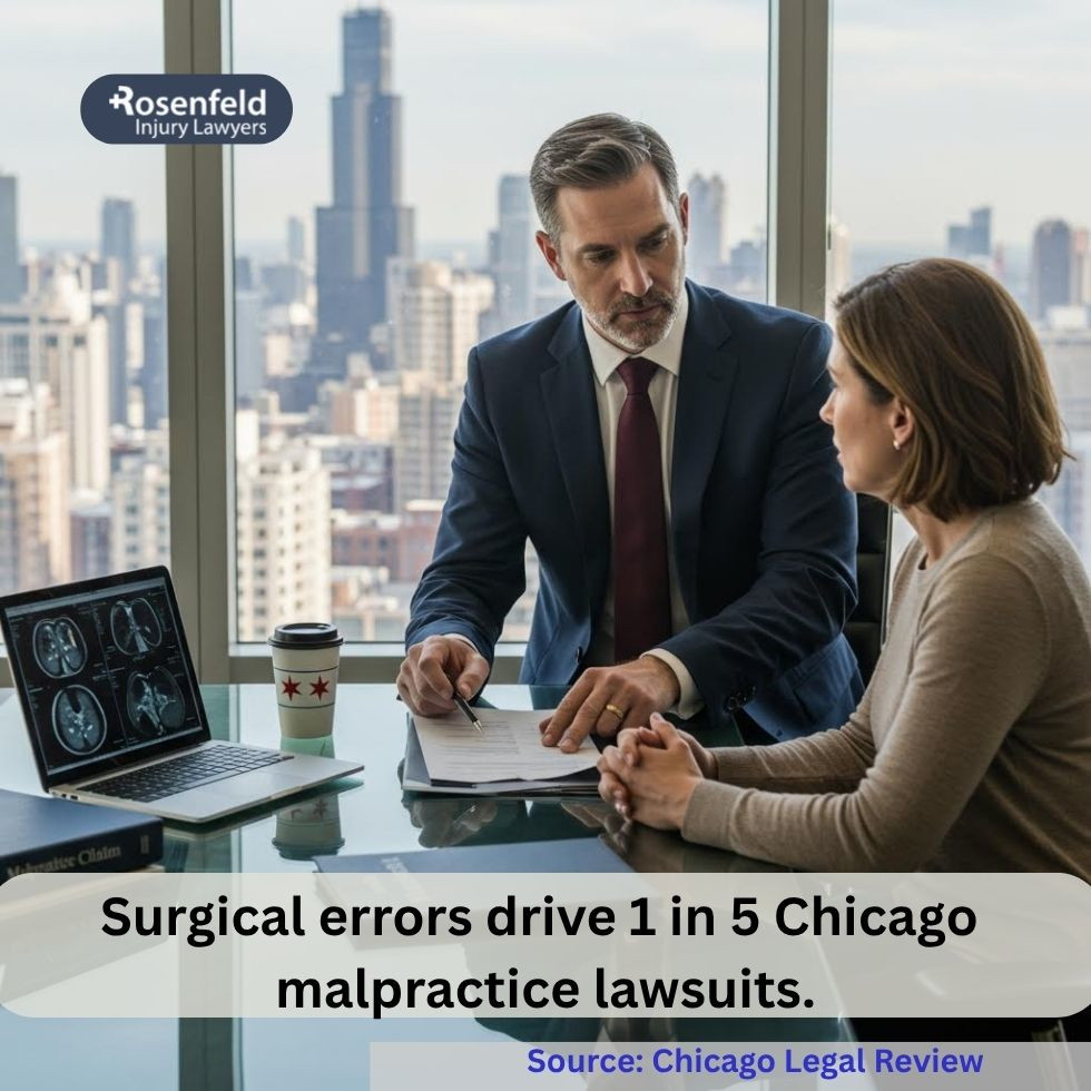 Attorney in Illinois reviewing a medical malpractice claim with a client.
