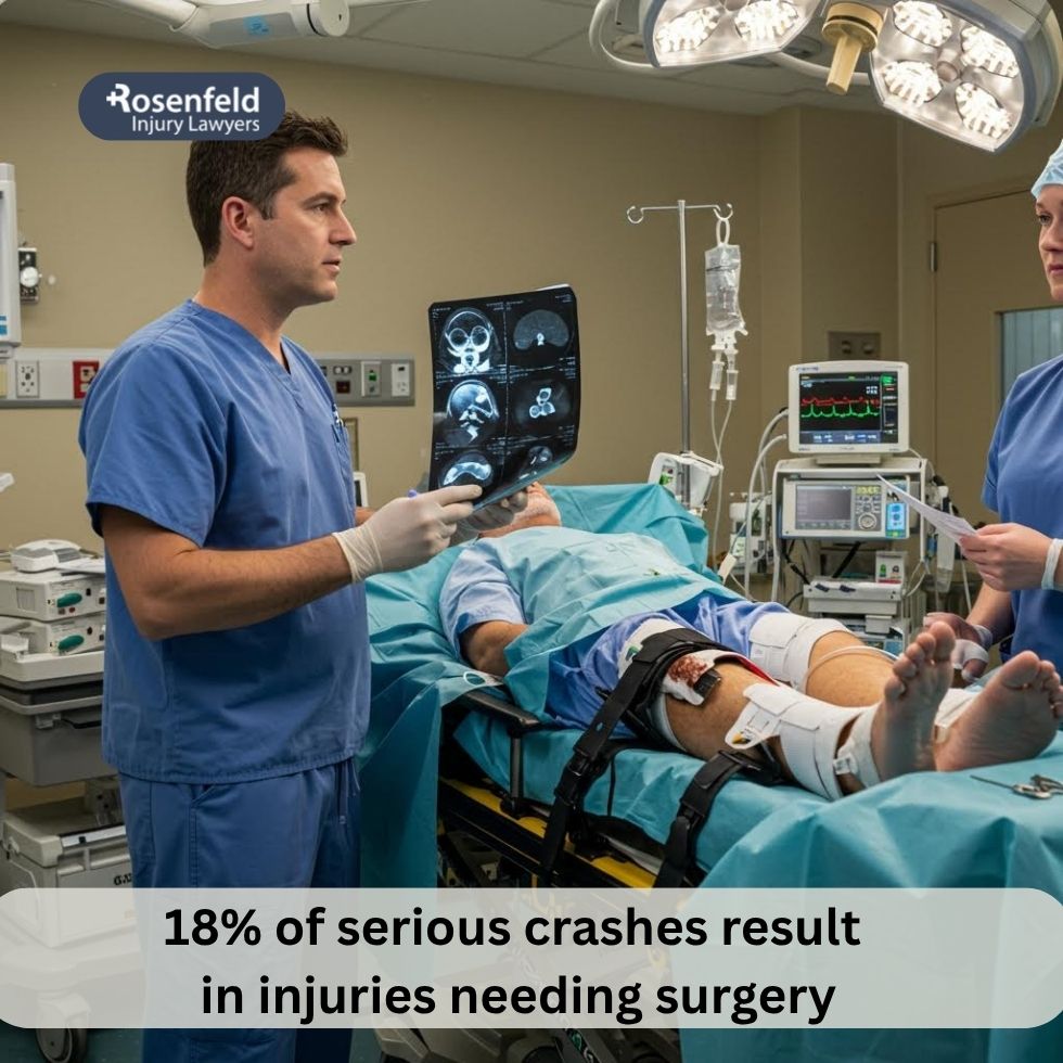 Severe trauma injuries from a car accident that require surgery