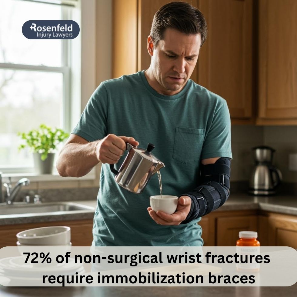 Wrist in a brace due to fracture from a car crash injury